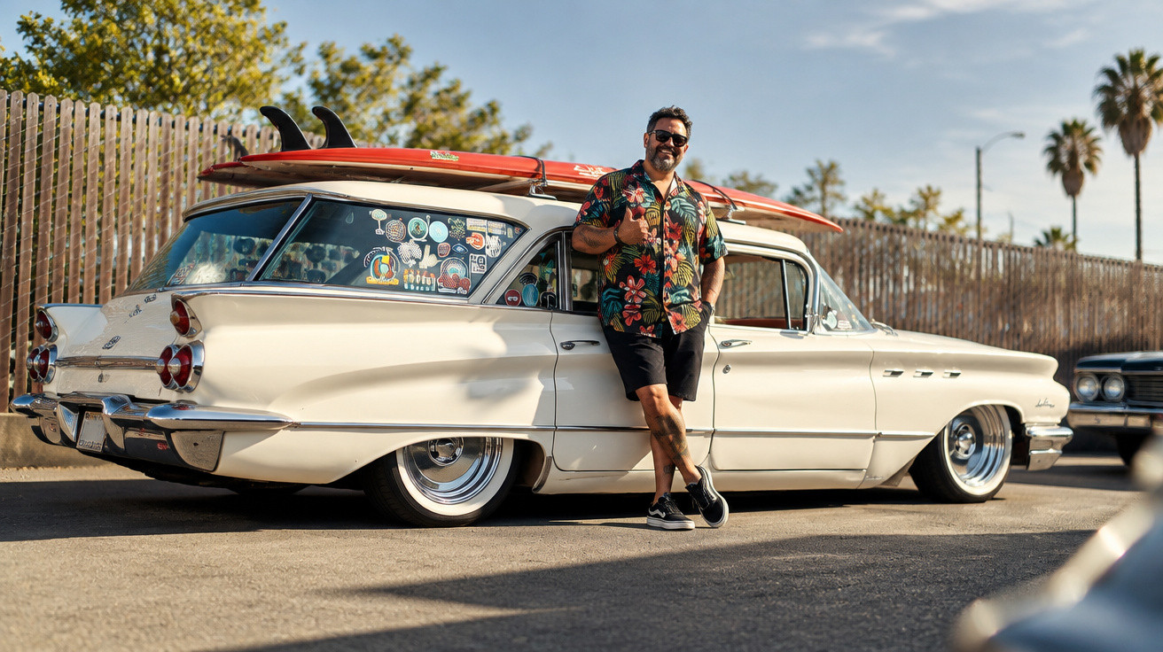 Homme souriant en chemise fleurie appuyé sur une voiture vintage blanche avec planches de surf rouges.