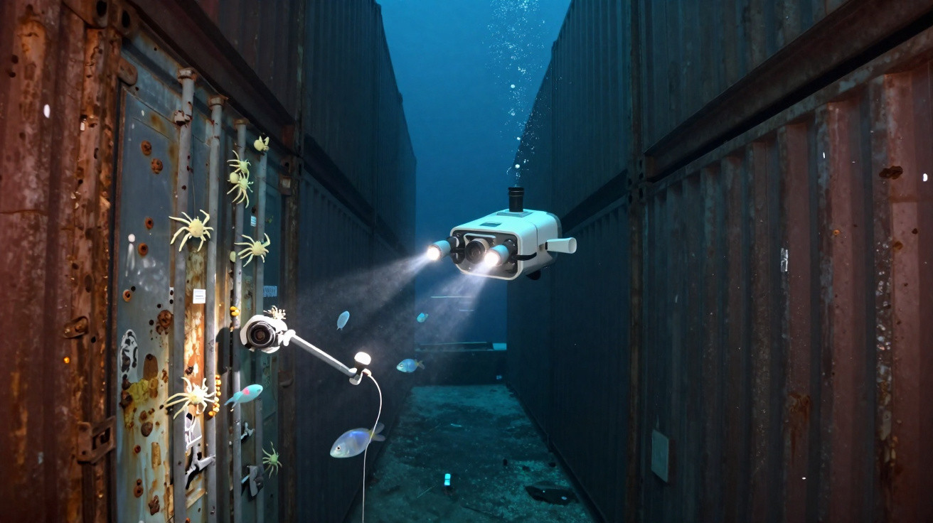 Robot sous-marin avec caméras explore des conteneurs rouillés au fond de l'océan, éclairant poissons et crabes.