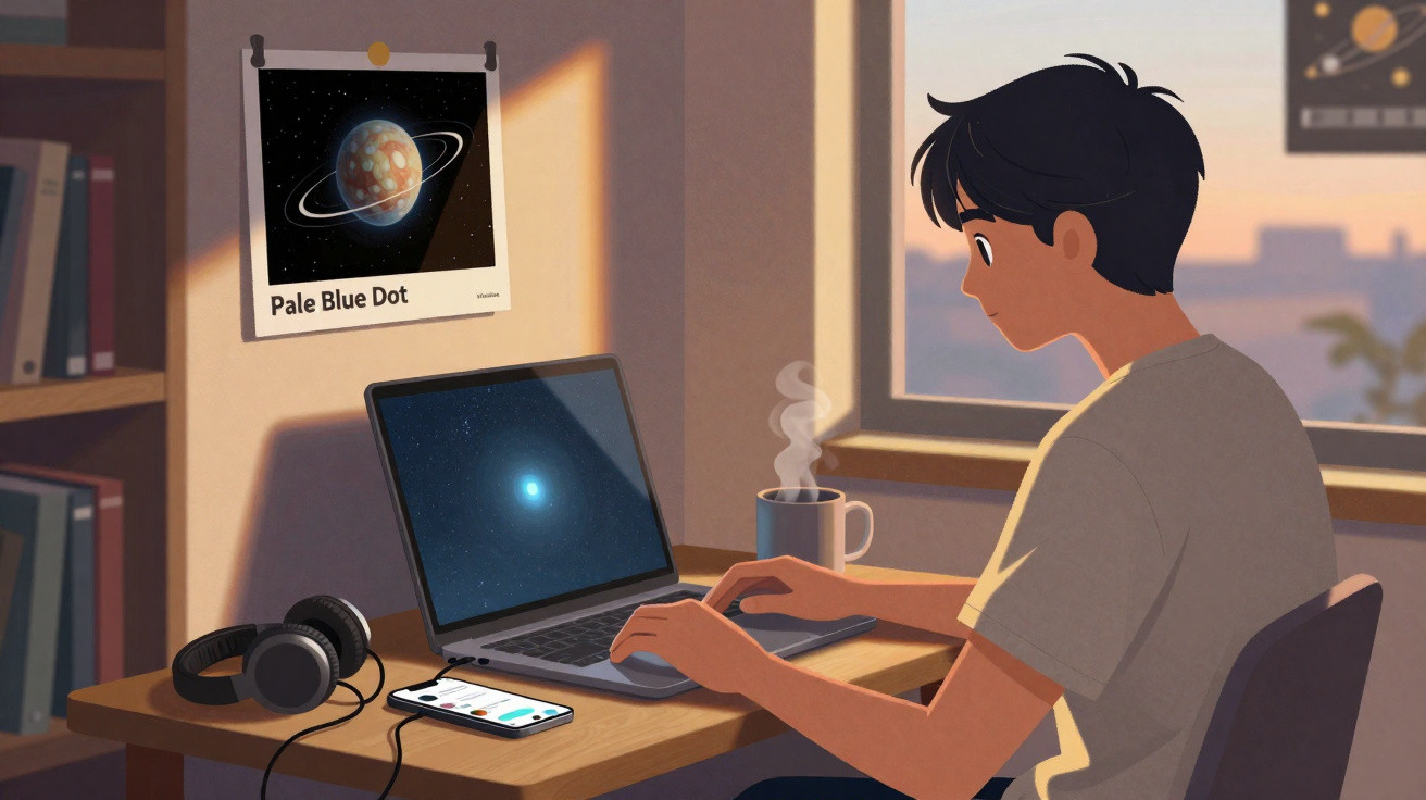 Jeune homme travaillant sur un ordinateur portable dans une chambre avec une tasse fumante et un poster spatial.