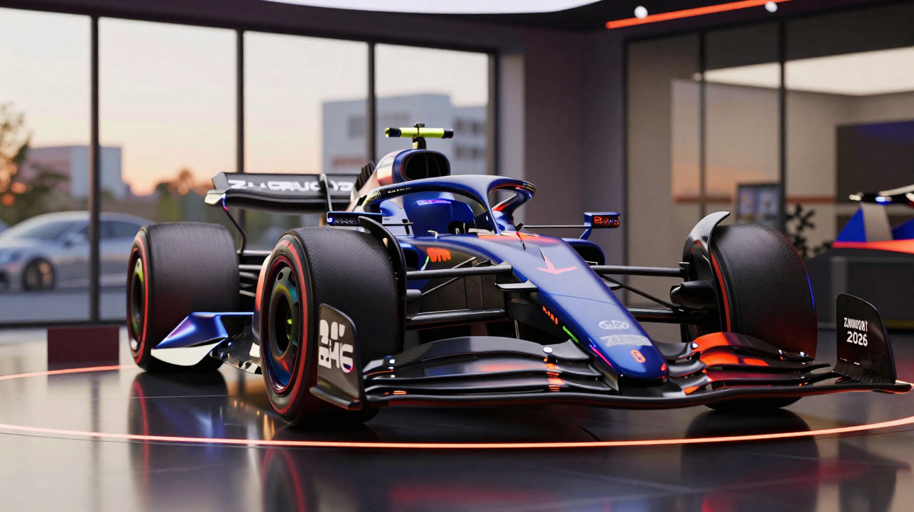Voiture de Formule 1 moderne exposée dans une salle avec des vitres panoramiques au coucher du soleil.