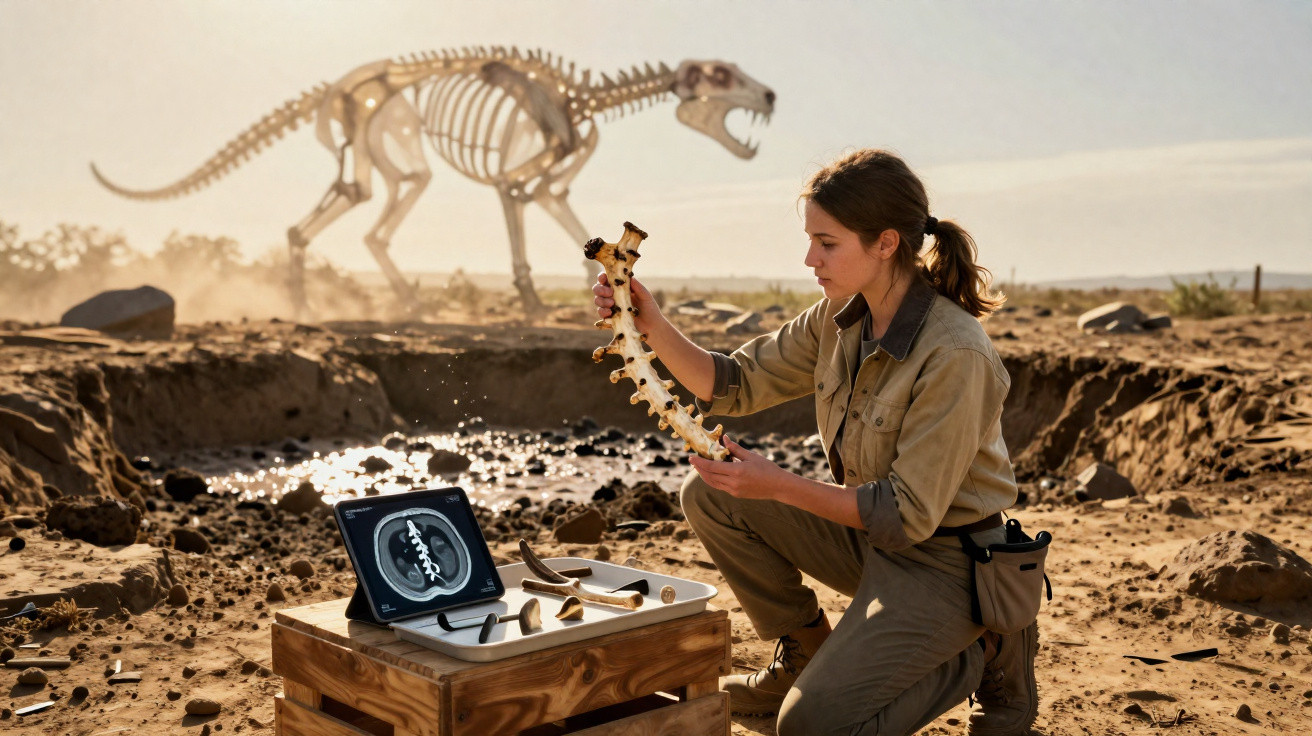 Une femme archéologue examine une colonne vertébrale fossile sur un site de fouilles désertique avec un squelette de dinosaur