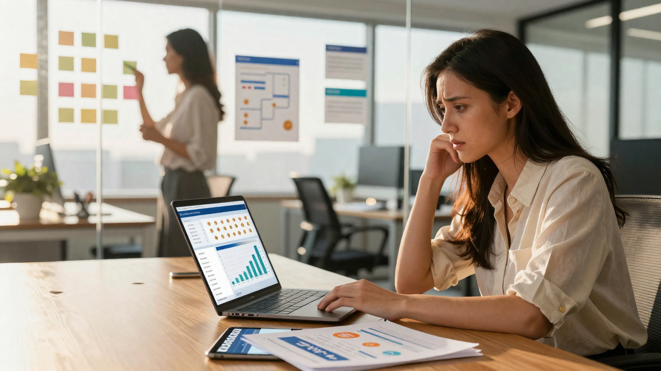 Femme concentrée sur son ordinateur portable avec graphiques, collègue debout collant des notes sur une vitre en arrière-plan