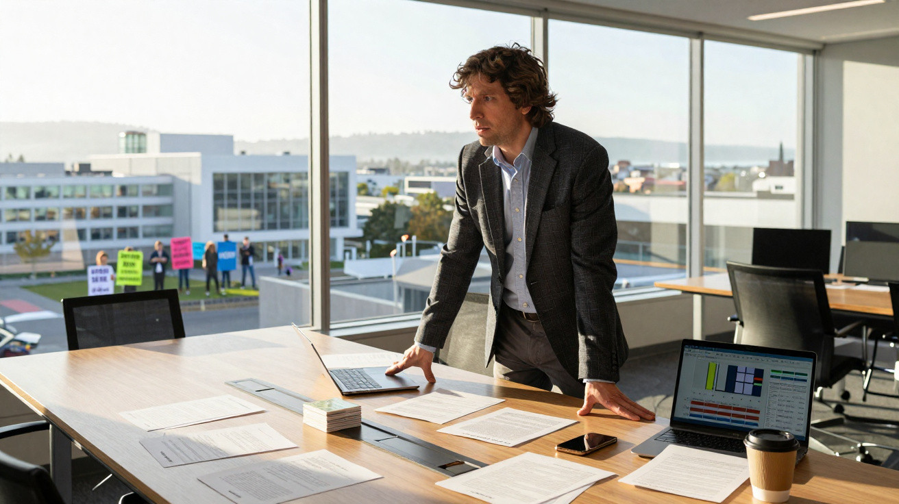 Homme d’affaires debout dans un bureau moderne, examinant des documents sur une grande table avec vue sur manifestation extér