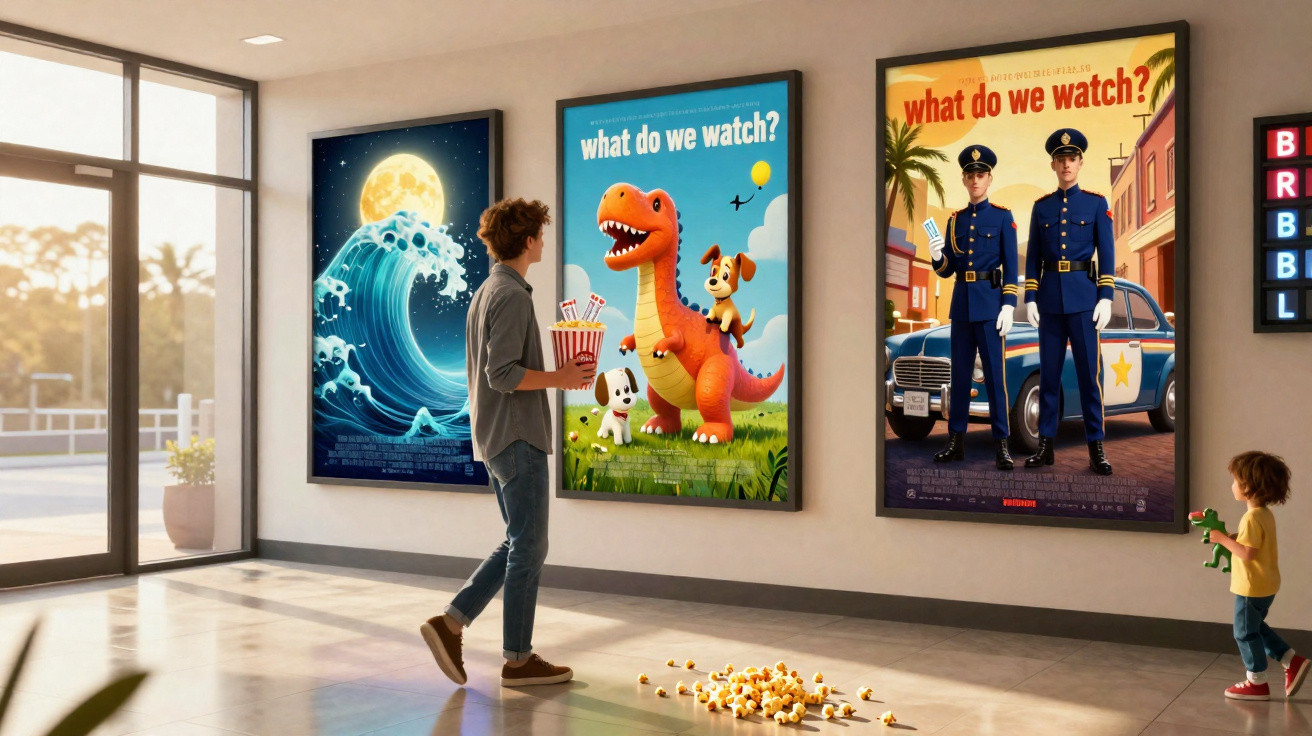 Un homme tenant du pop-corn regarde des affiches de films animés dans un hall de cinéma avec un enfant.