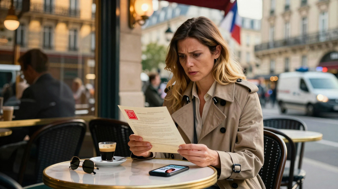 Femme sérieuse en trench beige lisant un document au café en terrasse avec un café et un téléphone sur la table.