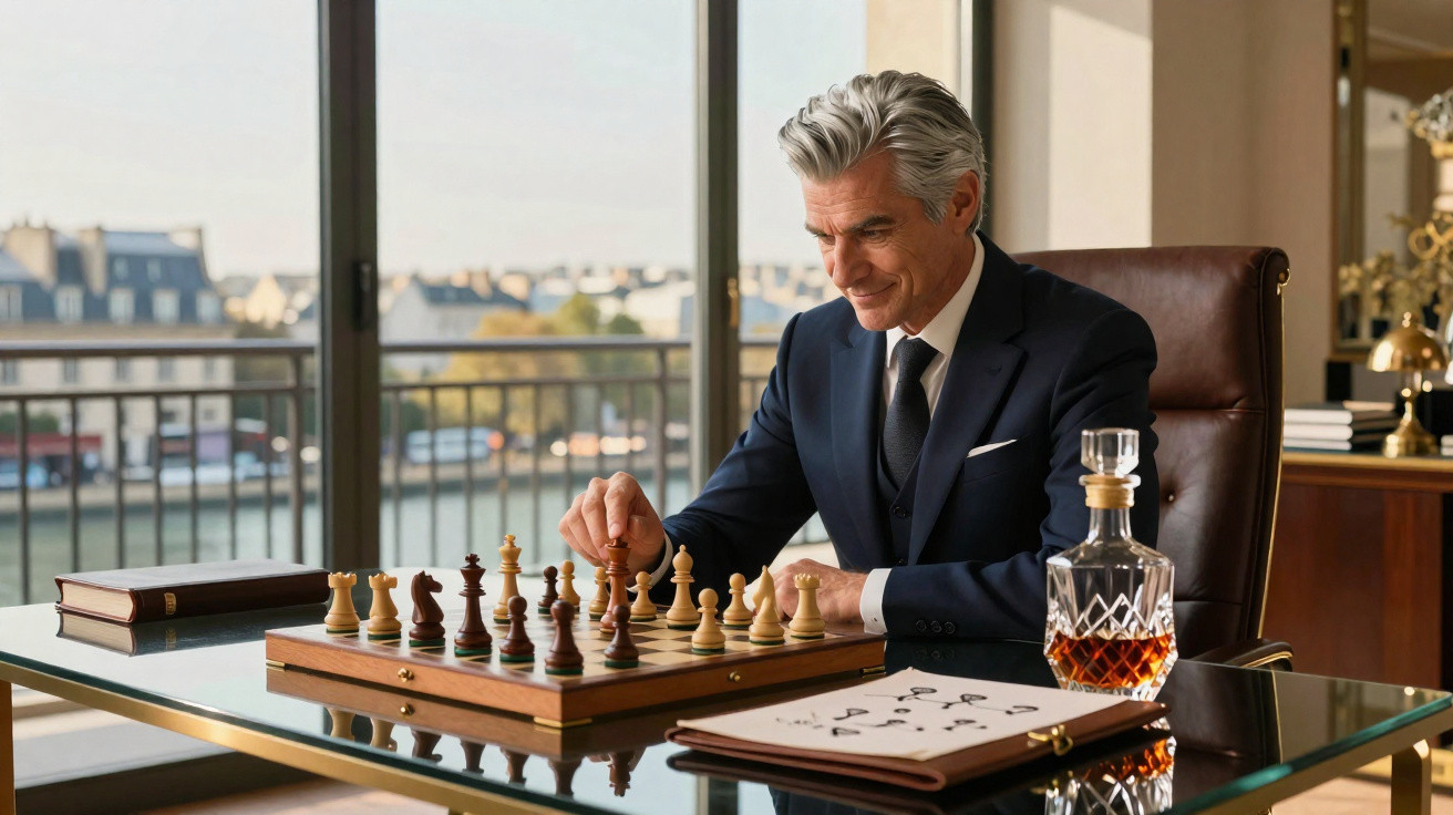 Homme élégant jouant aux échecs dans un bureau avec vue urbaine, verre et carafe de whisky à côté.