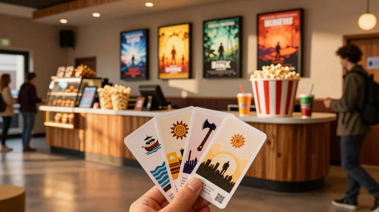 Main tenant des billets illustrés avec un comptoir de cinéma en arrière-plan, montagnes et popcorn visibles.