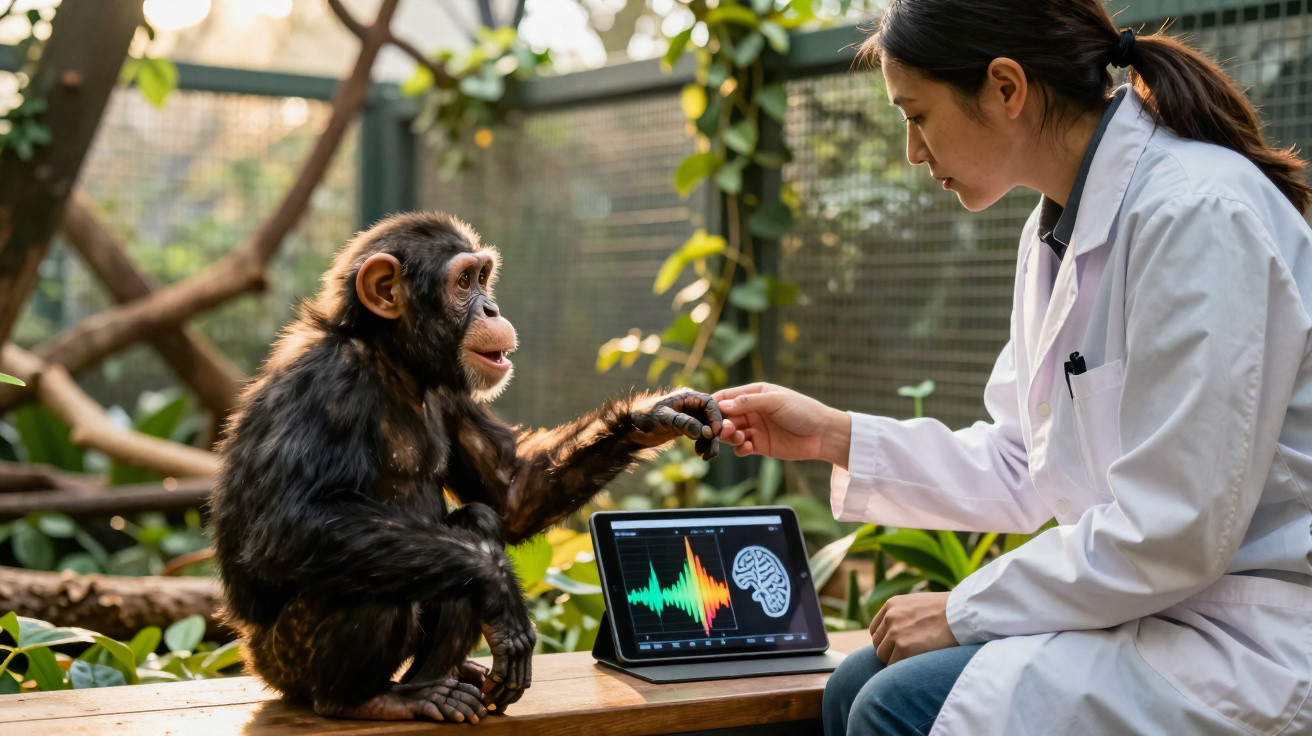 Une scientifique en blouse blanche tend la main à un bébé chimpanzé dans un environnement naturel avec un écran numérique.