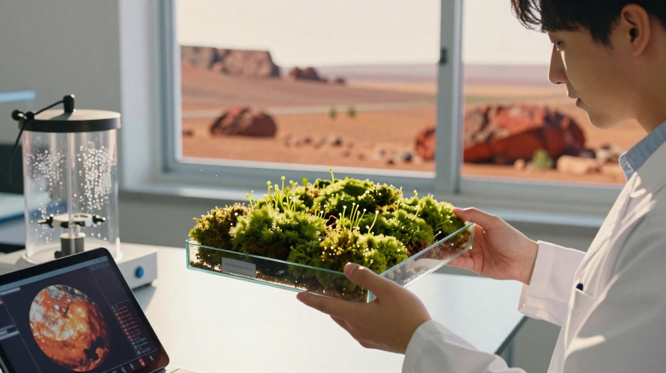 Scientifique en blouse blanche examinant un plateau de plantes vertes dans un laboratoire avec vue sur un paysage désertique 