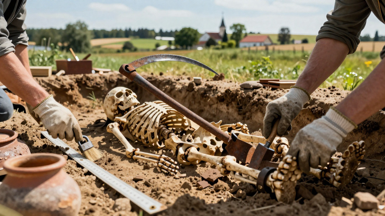 Fouilles archéologiques d'un squelette humain entier avec une faux posé dessus dans un champ rural.