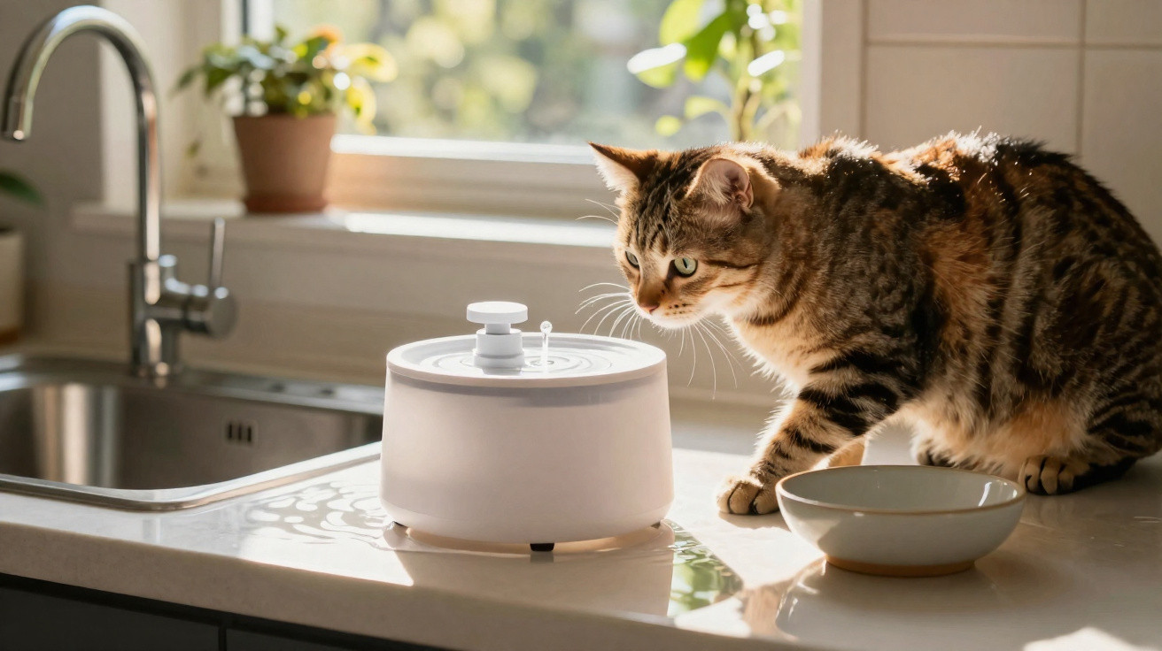 Chat tigré regardant une fontaine à eau sur un plan de travail de cuisine près d'un évier.