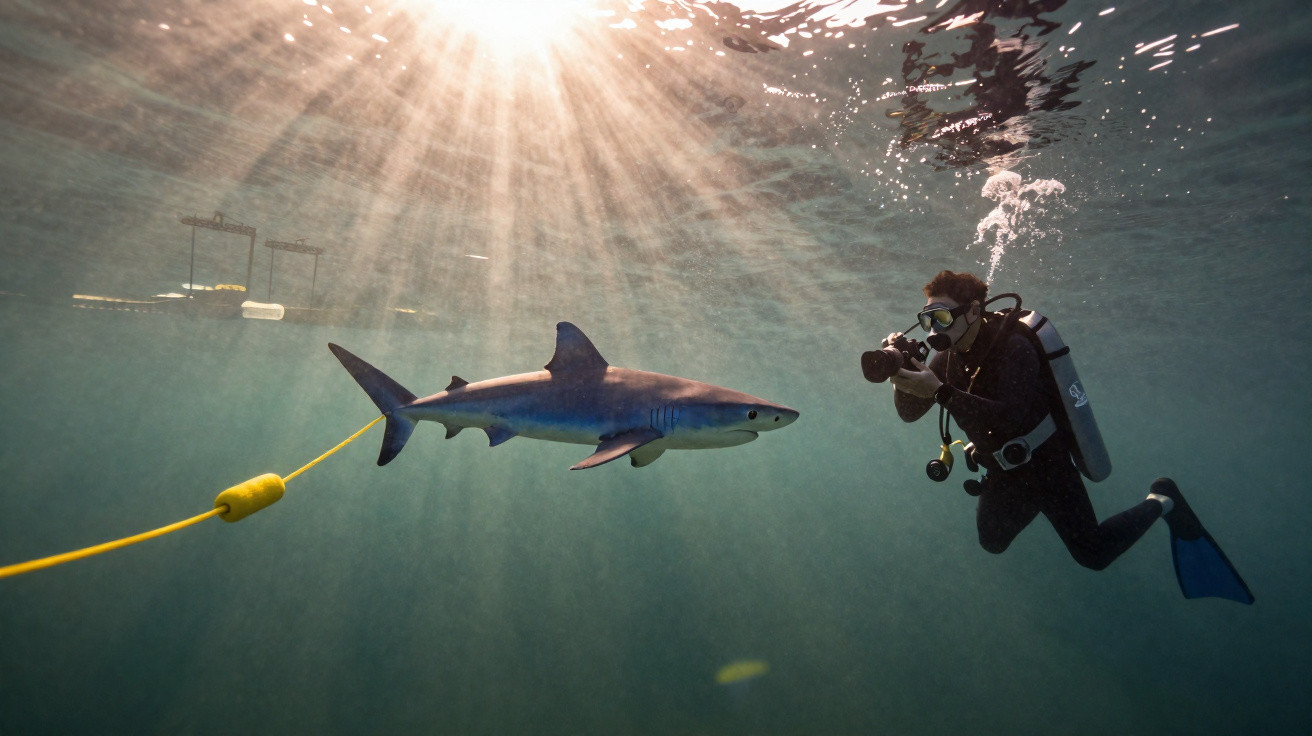 Plongeur sous-marin photographie un requin attaché à une bouée dans une eau claire éclairée par le soleil.