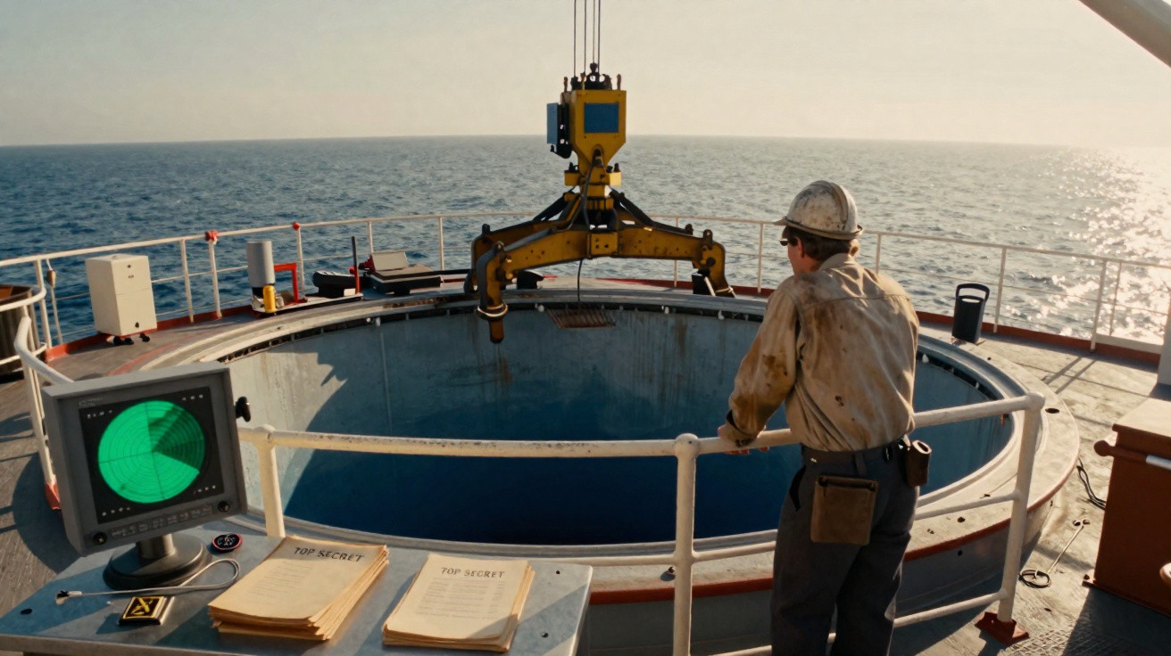 Homme en casque surveillant une opération avec une grue au-dessus d’une ouverture circulaire sur un bateau en mer.