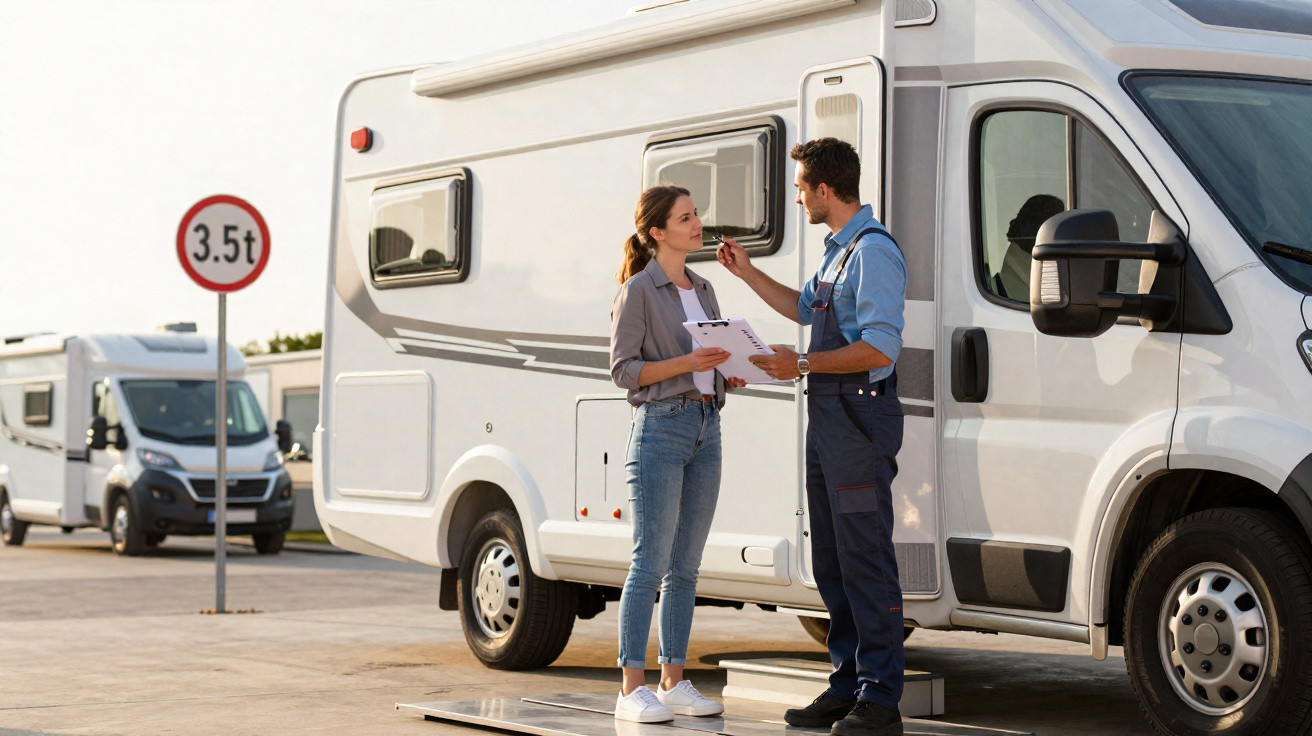 Un homme en uniforme inspecte un camping-car blanc pendant qu'une femme tient des documents.