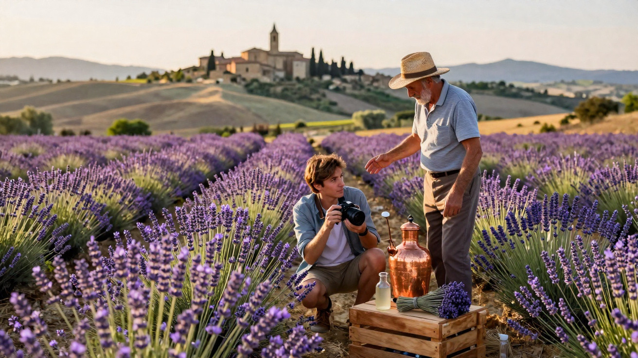 Deux hommes dans un champ de lavande, l’un tenant un appareil photo, une distillation en cuivre à côté.