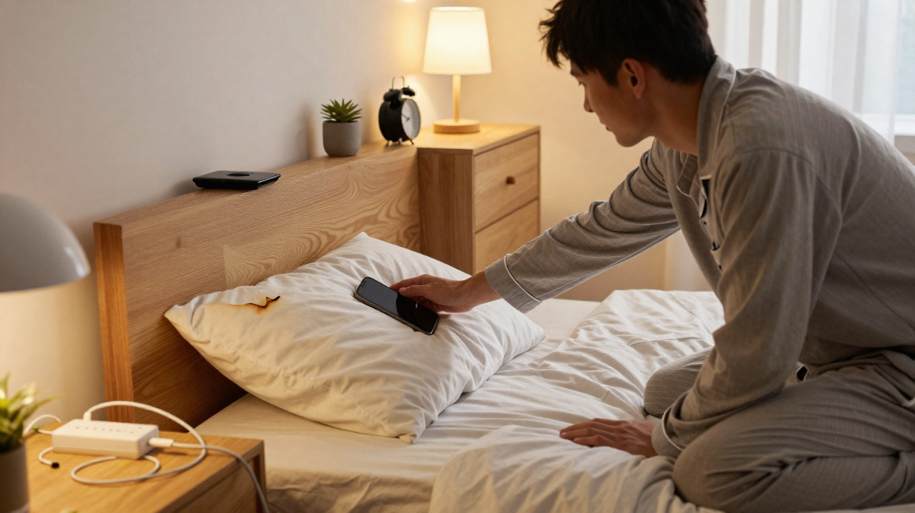 Homme en pyjama récupérant son téléphone posé sur un oreiller dans une chambre éclairée au lampadaire.