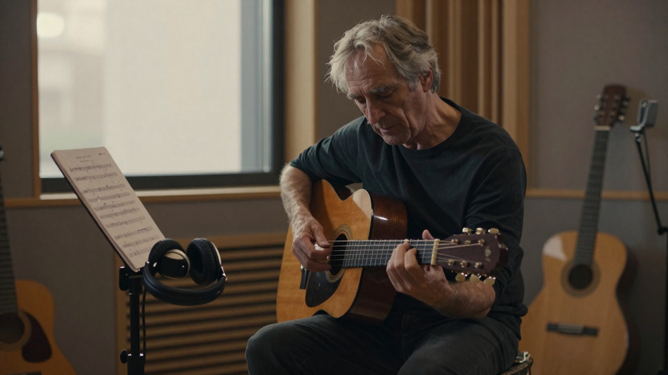 Homme âgé jouant de la guitare acoustique dans une pièce avec partitions et guitares en arrière-plan.