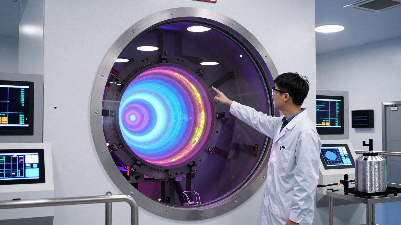 Chercheur en blouse blanche interagit avec un équipement scientifique lumineux dans un laboratoire moderne.