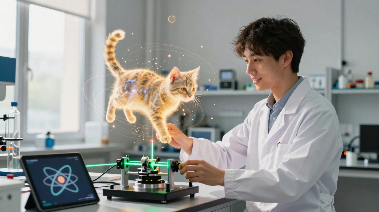 Un scientifique manipule un chat virtuel en lévitation dans un laboratoire moderne.