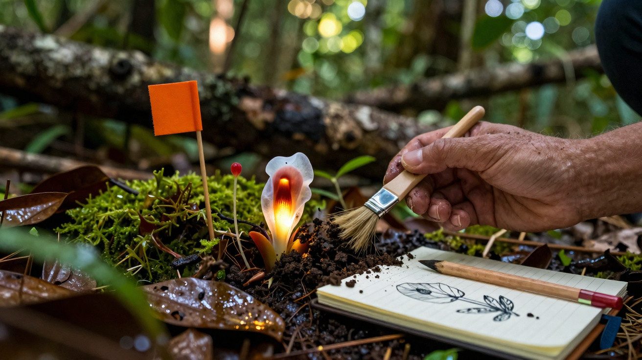 Main nettoyant délicatement une plante lumineuse rare dans la forêt avec un pinceau et un carnet de dessin ouvert.