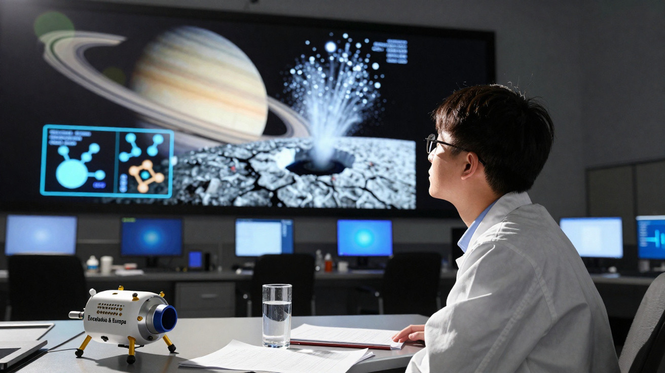 Chercheur en blouse blanche observant une simulation spatiale de Saturne et une éruption sur écran dans un laboratoire.