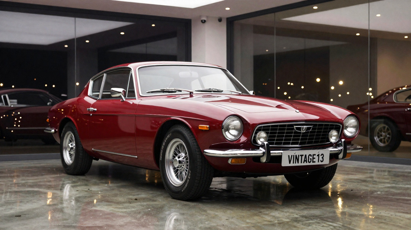 Voiture de sport classique rouge foncé garée dans un showroom avec sol en béton poli et murs en verre.