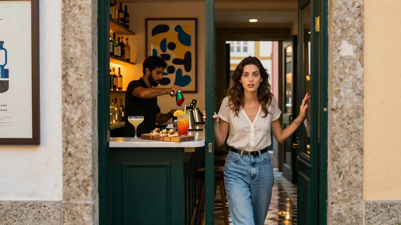 Une femme sort d'un bar où un barman prépare des cocktails sur un comptoir avec des amuse-gueules.