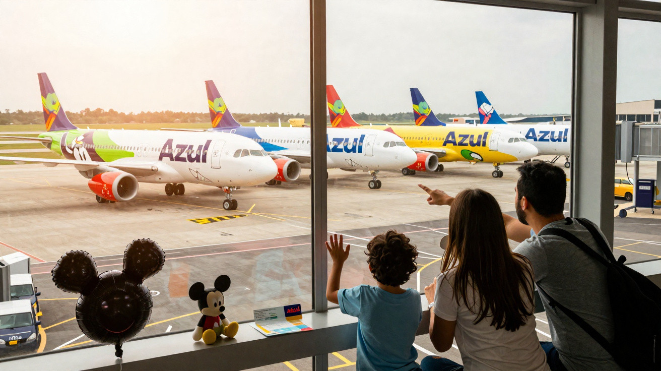 Une famille observe plusieurs avions de la compagnie Azul alignés au sol depuis une baie vitrée d'aéroport.