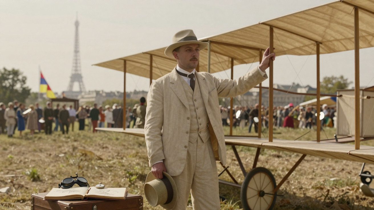 Homme en costume beige tenant un chapeau près d’un avion ancien, avec la tour Eiffel en arrière-plan et foule.