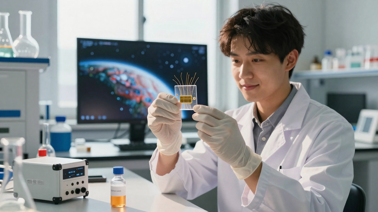 Jeune scientifique en blouse blanche examinant une puce électronique dans un laboratoire high-tech.