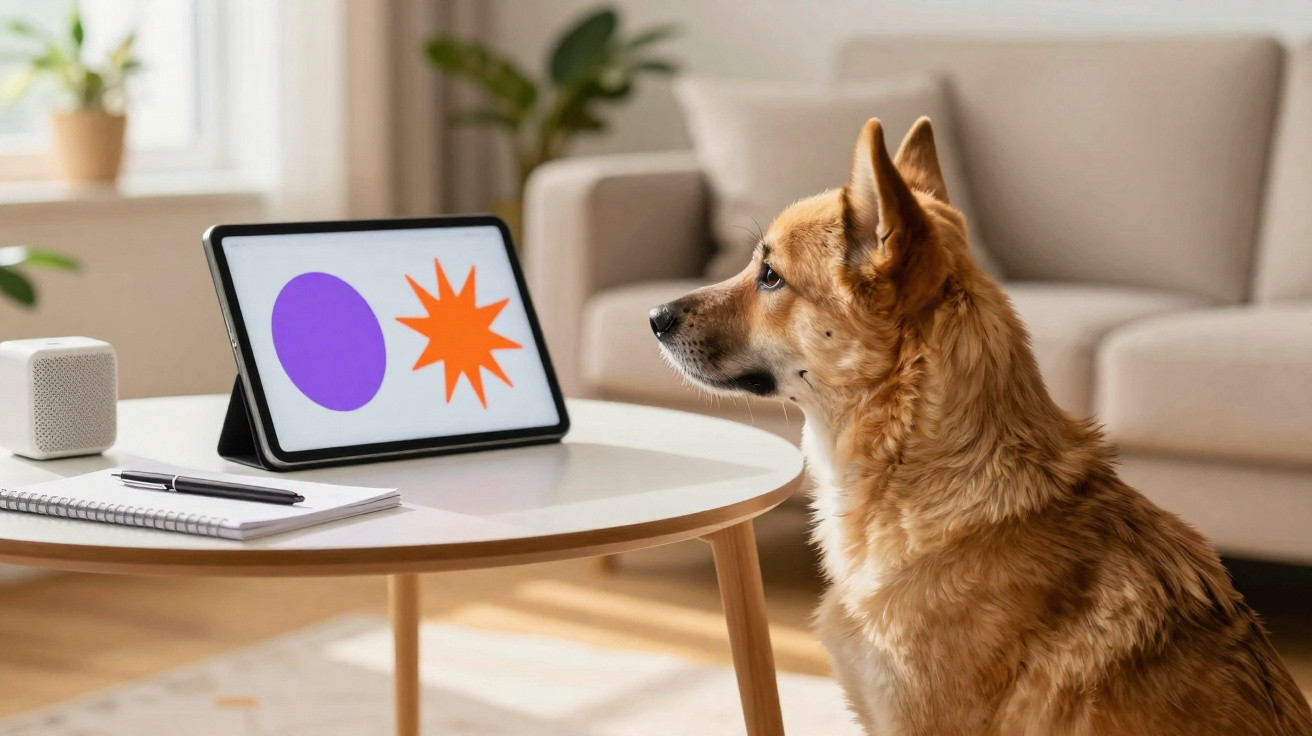 Chien assis face à une tablette posée sur une table ronde avec un cercle violet et une étoile orange à l'écran.