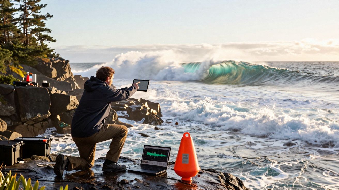 Un homme analyse des données sur tablette et ordinateur au bord d’une mer agitée avec une bouée orange sur des rochers.